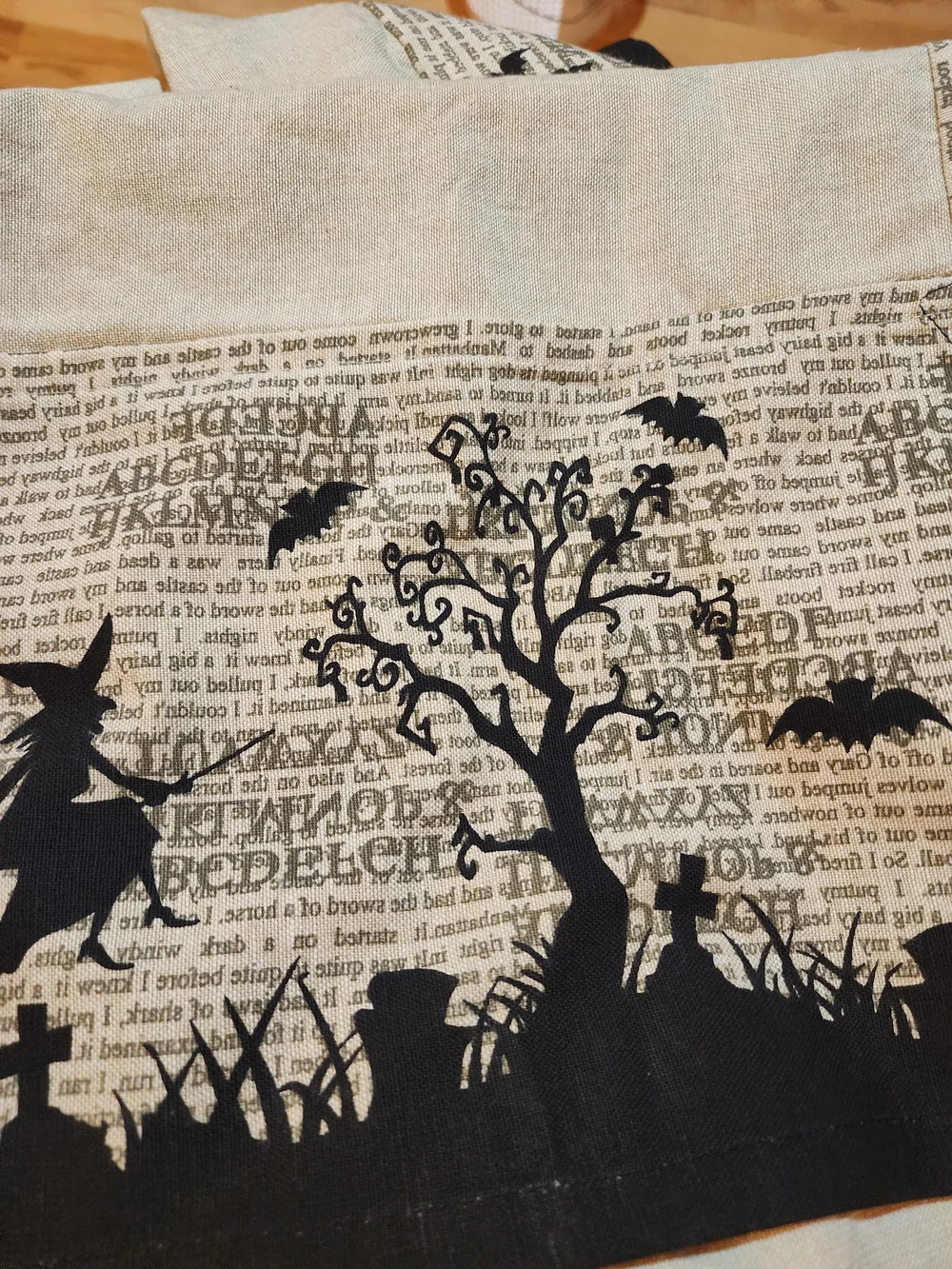 Beige and Black Halloween Dinner Table Cloth Vintage Print Witches Bats Trees